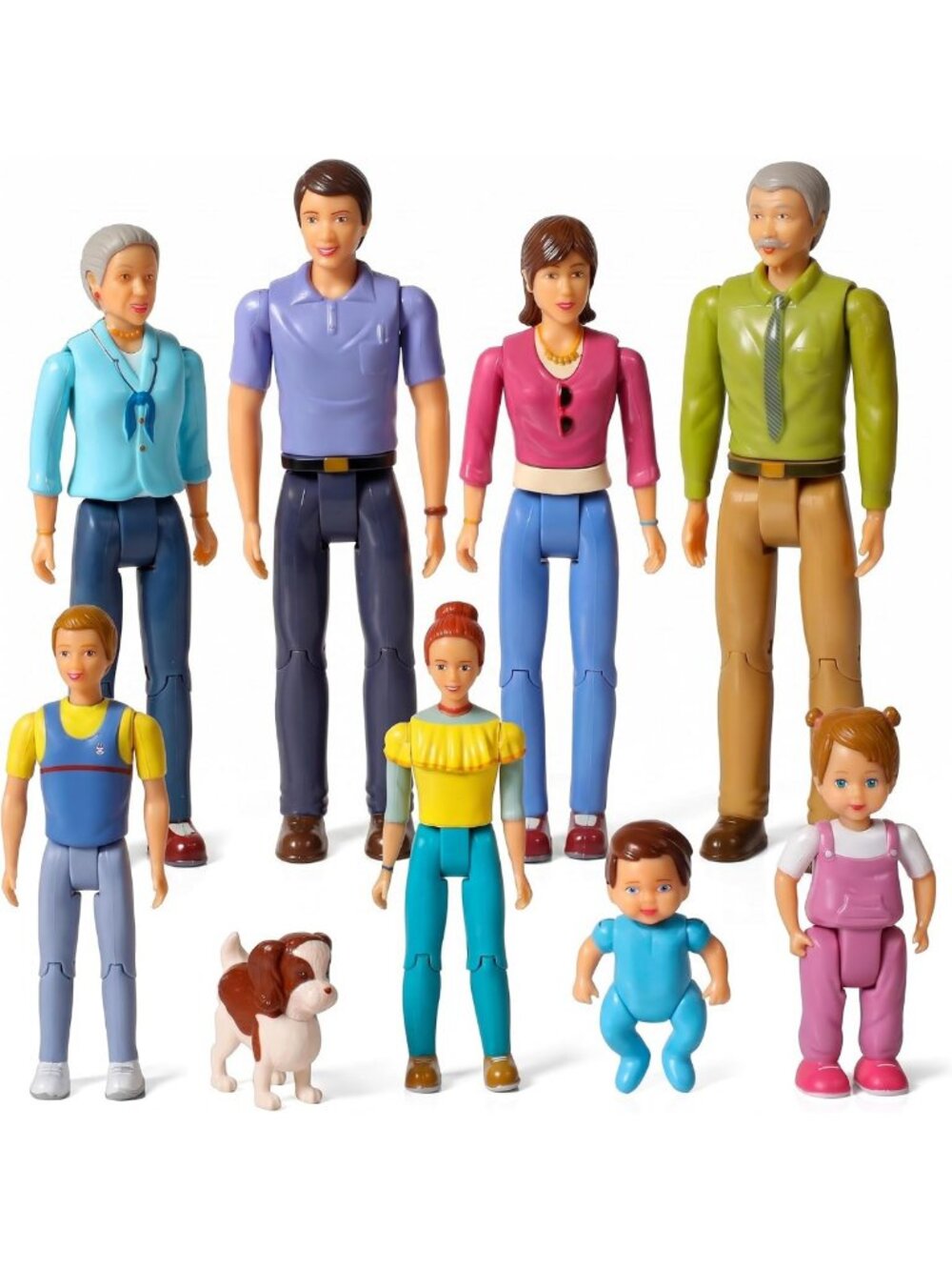 Set of 9 Dollhouse Family Figures - Grandma, Grandpa, Parents, Siblings & Dog